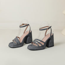 Load image into Gallery viewer, Denim-strapped Sandals With A Round Toe And Chunky Heel For Women