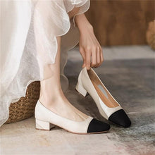 Load image into Gallery viewer, Womens French-style Soft Leather Patchwork Chanel-inspired Chunky-heel Square-toe Pumps