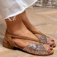Load image into Gallery viewer, Brown Suede Glitter Embroidered Peep Toe Sandals