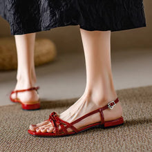 Load image into Gallery viewer, French-style Square-toe Bow Flat Sandals For Women