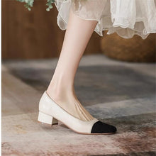 Load image into Gallery viewer, Womens French-style Soft Leather Patchwork Chanel-inspired Chunky-heel Square-toe Pumps