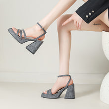 Load image into Gallery viewer, Denim-strapped Sandals With A Round Toe And Chunky Heel For Women