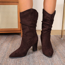 Load image into Gallery viewer, Suede Pointed-toe Fashion Boots With Pleated Mid-calf Design And Chunky Heel