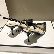 Load image into Gallery viewer, Women's Polka Dot Mesh Studded Pointed Toe Slingback Stiletto Sandals