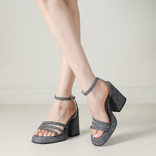 Load image into Gallery viewer, Denim-strapped Sandals With A Round Toe And Chunky Heel For Women