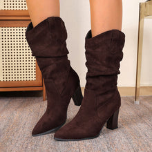 Load image into Gallery viewer, Suede Pointed-toe Fashion Boots With Pleated Mid-calf Design And Chunky Heel