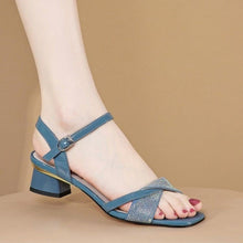 Load image into Gallery viewer, Womens Casual Rhinestone Chunky-Heel Sandals With A Single Strap Buckle