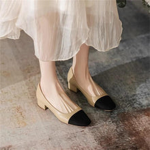 Load image into Gallery viewer, Womens French-style Soft Leather Patchwork Chanel-inspired Chunky-heel Square-toe Pumps