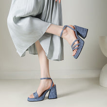 Load image into Gallery viewer, Denim-strapped Sandals With A Round Toe And Chunky Heel For Women