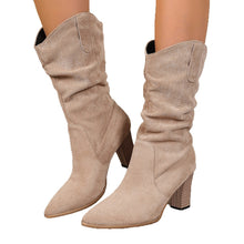 Load image into Gallery viewer, Suede Pointed-toe Fashion Boots With Pleated Mid-calf Design And Chunky Heel