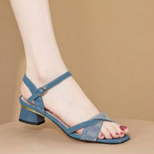 Load image into Gallery viewer, Womens Casual Rhinestone Chunky-Heel Sandals With A Single Strap Buckle