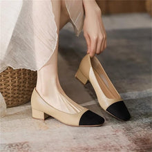 Load image into Gallery viewer, Womens French-style Soft Leather Patchwork Chanel-inspired Chunky-heel Square-toe Pumps